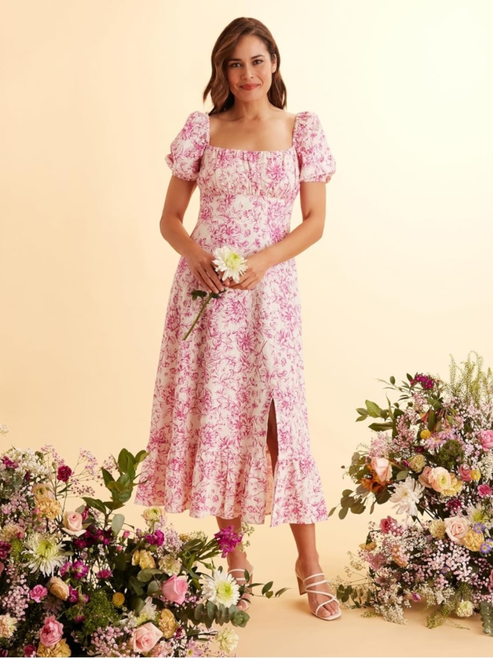 London Times Womens Square Neck Smocked Back Linen Blend Flattering Dress